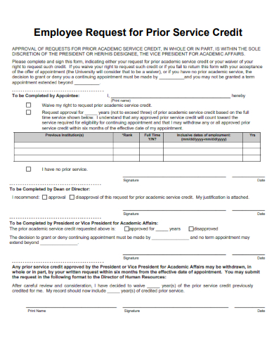 sample employee request for prior service credit template
