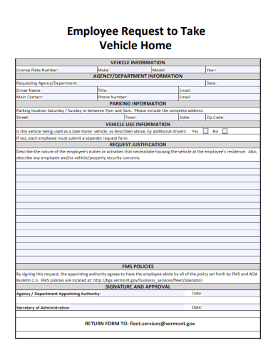 sample employee request to take vehicle home template