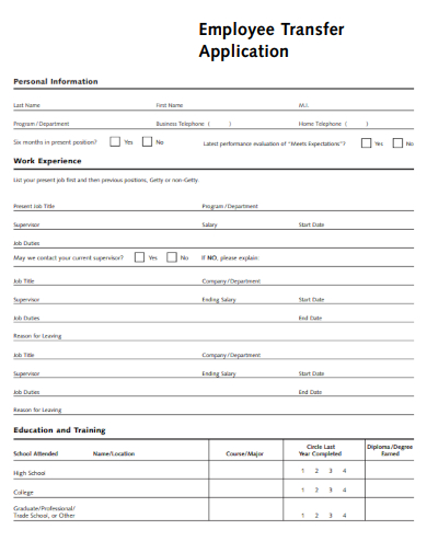 sample employee transfer application form template
