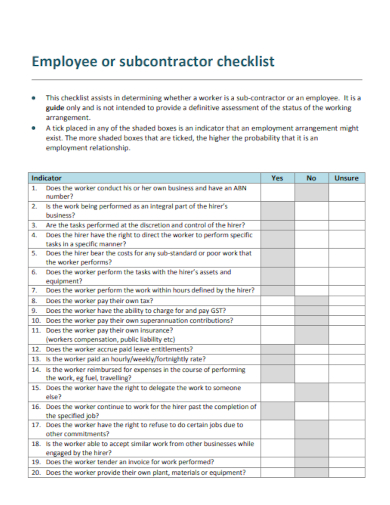 sample employee or subcontractor checklist template