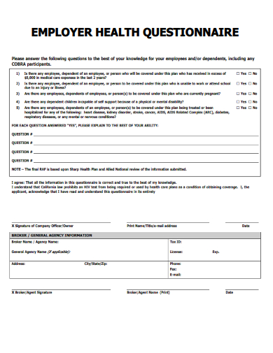 sample employer health questionnaire template