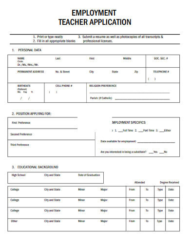 sample employment teacher application template