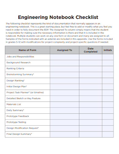 sample engineering notebook checklist template