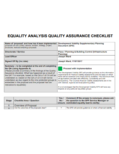 sample equality analysis quality assurance checklist template