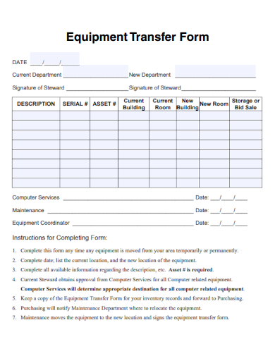 sample equipment transfer form template