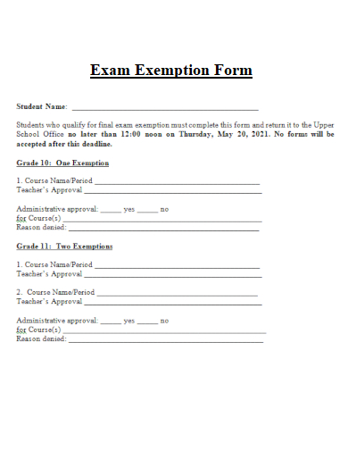 sample exam exemption form template