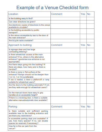sample example of a venue checklist form template