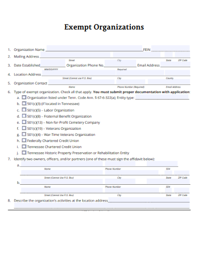 sample exempt organization form template