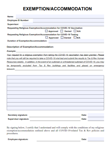 sample exemption accommodation form template