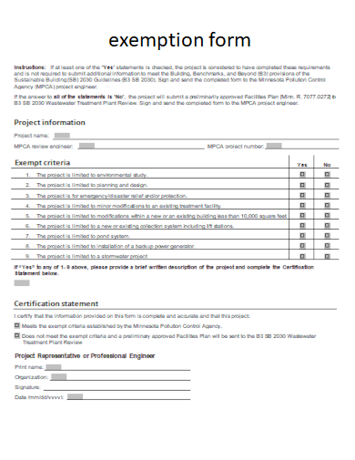 sample exemption form basic template