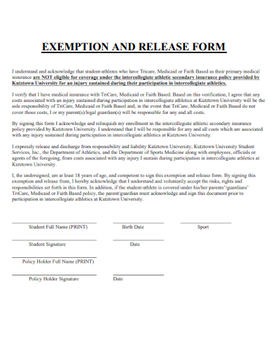 sample exemption release form template