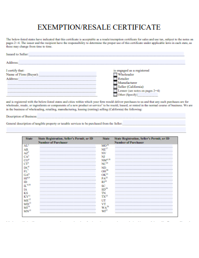 sample exemption resale certificate template