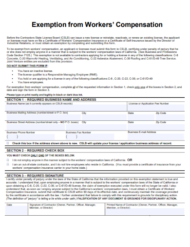 sample exemption from workers compensation form template