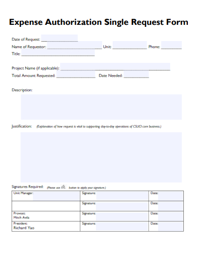 sample expense authorization single request form template
