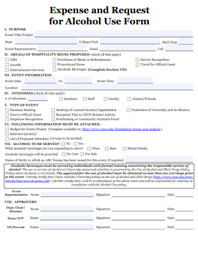 sample expense and request for alcohol use form template