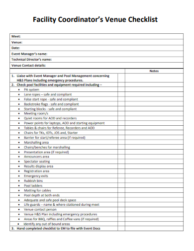 sample facility coordinators venue checklist template