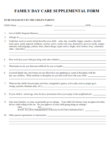 sample family day care supplemental form template