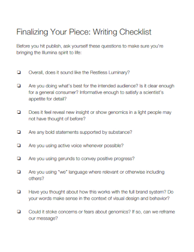 sample finalizing your writing checklist template