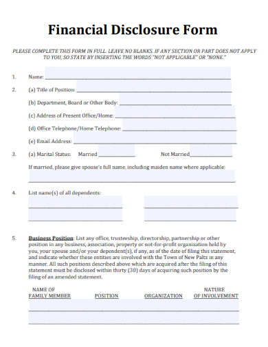 sample financial disclosure form template