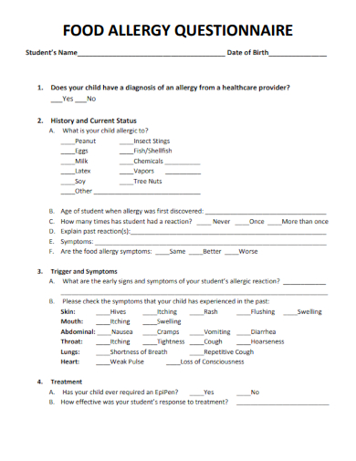 sample food allergy questionnaire template