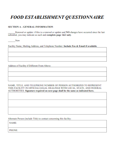 sample food establishment questionnaire template
