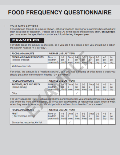 sample food frequency questionnaire template