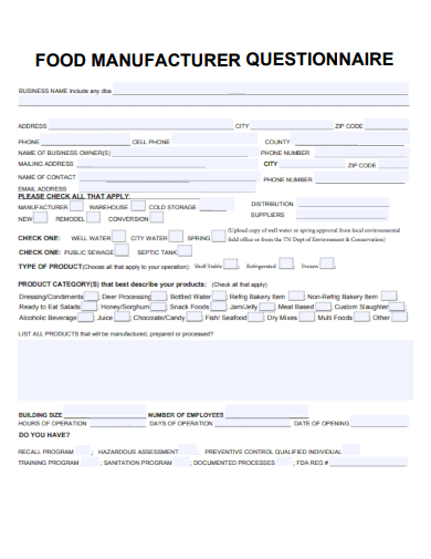 sample food manufacturer questionnaire template