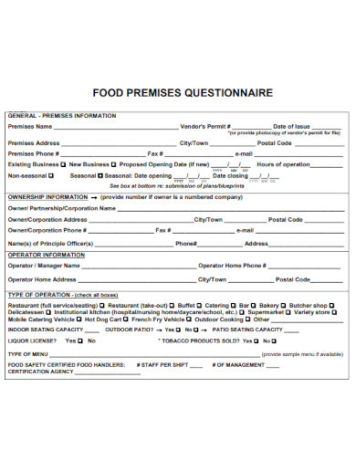 sample food premises questionnaire template