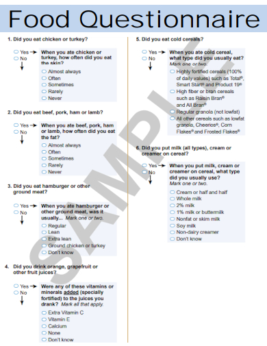 sample food questionnaire basic template