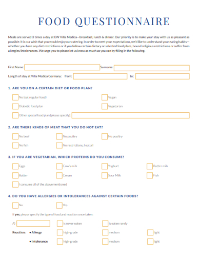 sample food questionnaire template