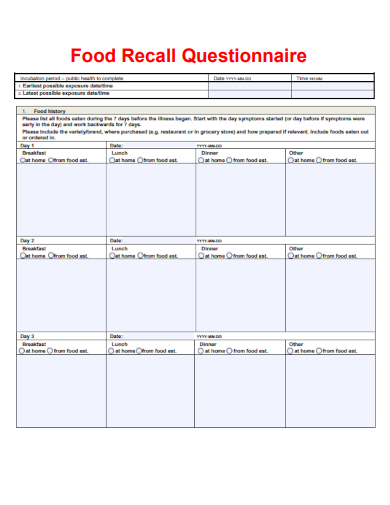 sample food recall questionnaire template