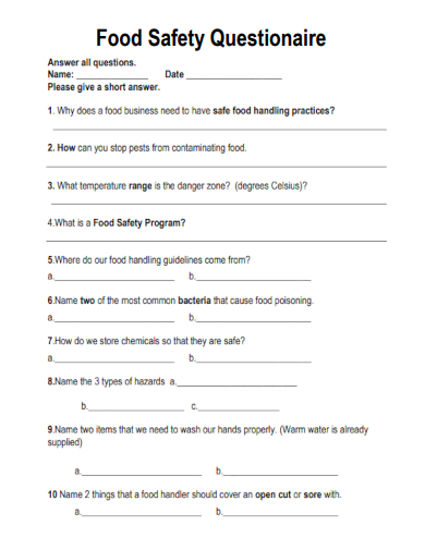 sample food safety questionnaire template