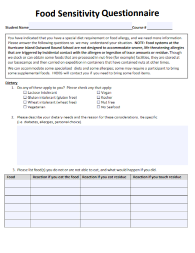 sample food sensitivity questionnaire template