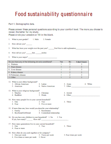 sample food sustainability questionnaire template