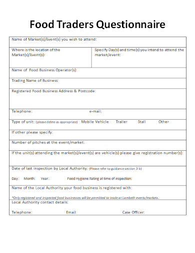 sample food traders questionnaire template