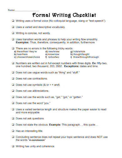 sample formal writing checklist template