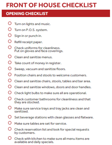 sample front of house checklist template