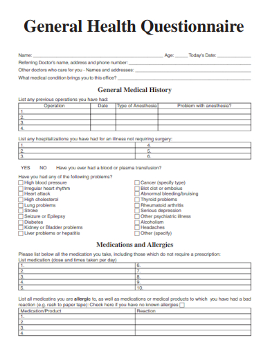 sample general health questionnaire template