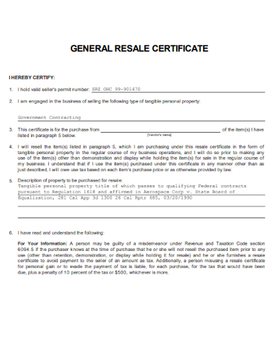 sample general resale certificate template