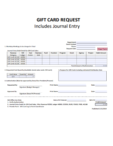 sample gift card request journal entry data template