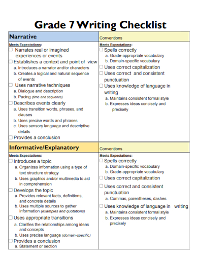 sample grade 7 writing checklist template