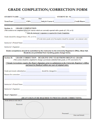 sample grade completion correction form template