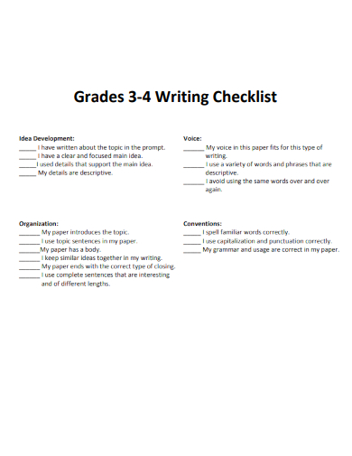 sample grades 3 4 writing checklist template