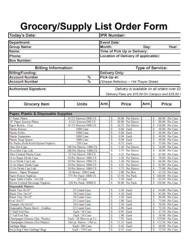 sample grocery supply list order form template