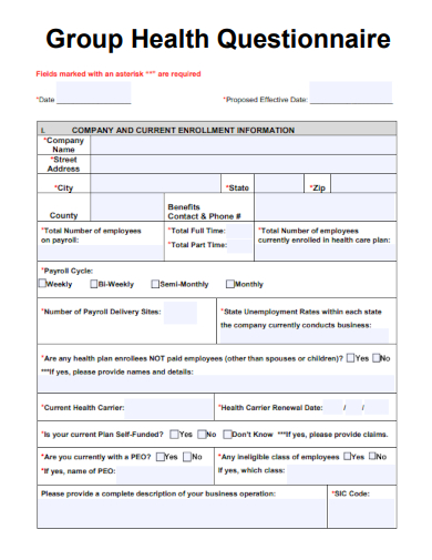 sample group health questionnaire template