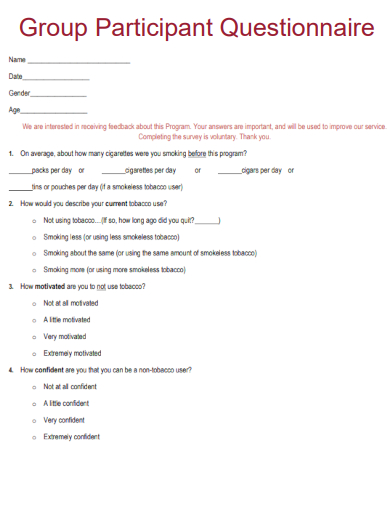 sample group participant questionnaire template