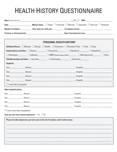 sample health history questionnaire template