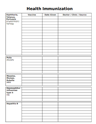 sample health immunization form template