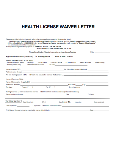 sample health license waiver letter template