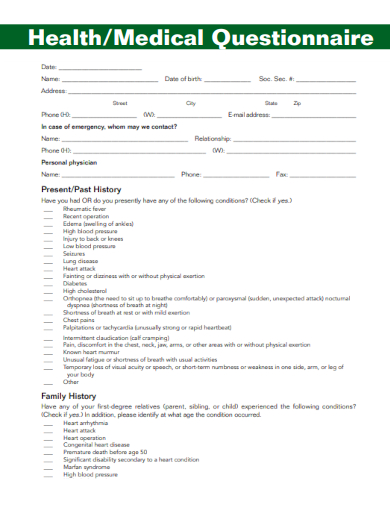sample health medical questionnaire template